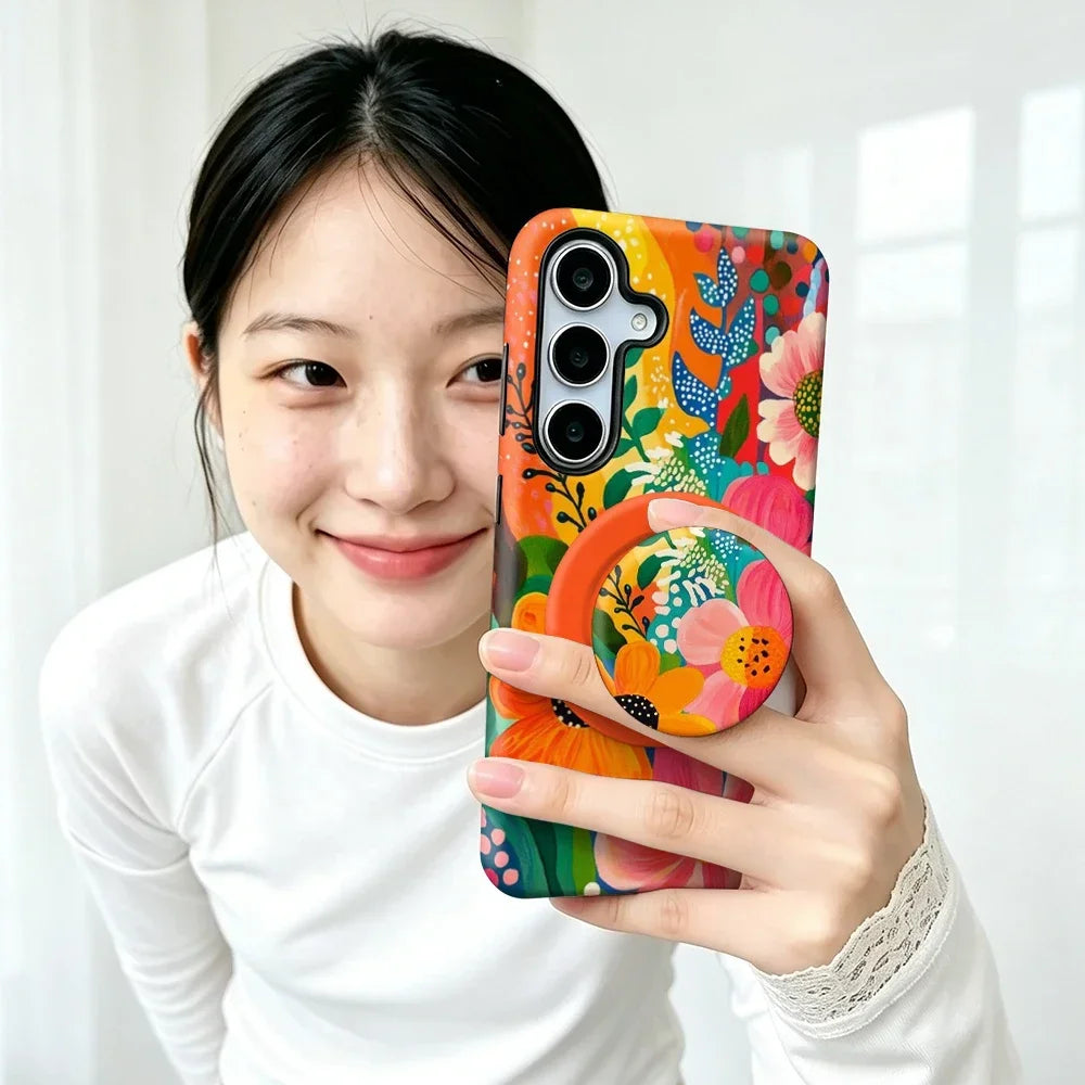 Magnetic Flower Case For Samsung S26 S25 S24 S23 S22 S21 Plus Ultra 20 FE A15 A16 A26 A36 A56 17 2 in 1 Phone Holder Stand Cover