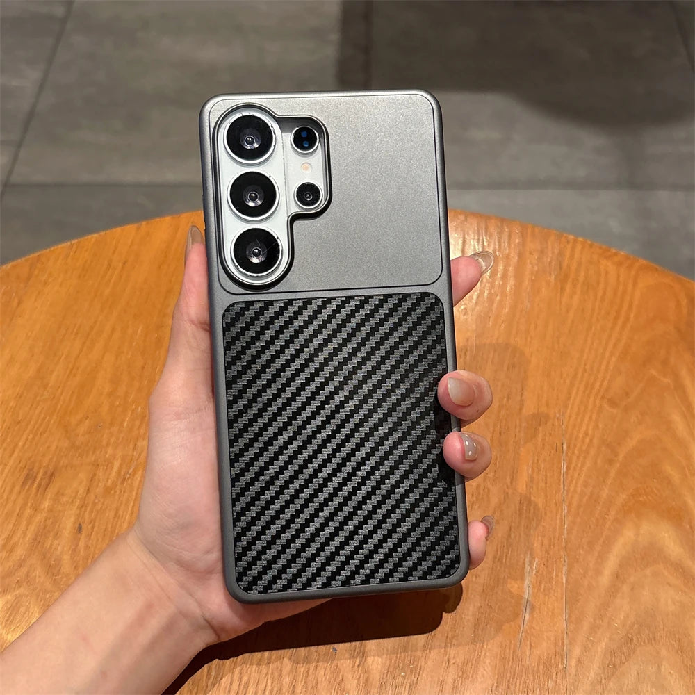 Carbon Fiber Wave Twill Pattern Phone Case for Samsung S26 S23 Ultra S25 Plus S24 FE Kevlar Metal Large Window Matte Black Cover