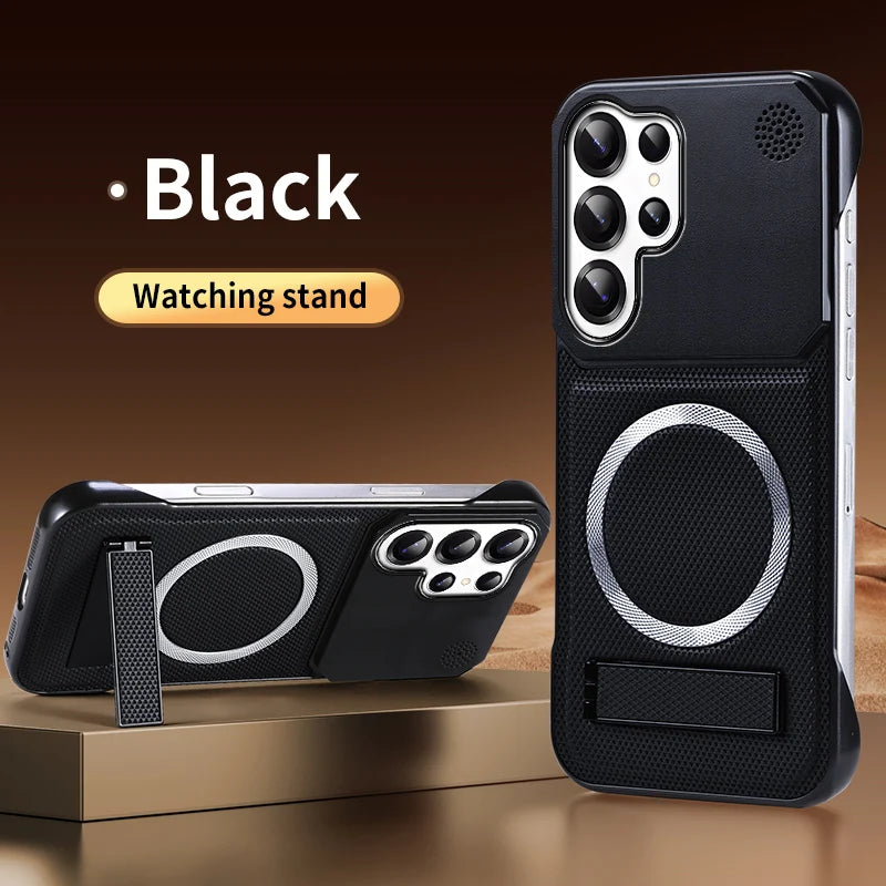 For Magsafe Magnetic Solid Color Leather Not Border Bracket Aromatherapy Phone Case For Samsung S25 Ultra S23 S22 S24 Ultra Plus