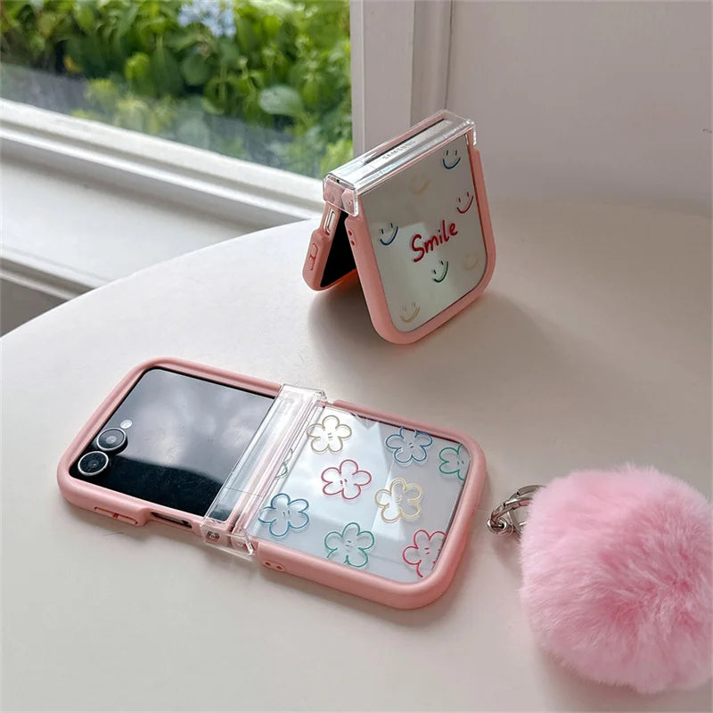 Pink Floral Smile Clear Hinge Strap Furry Ball Phone Case For Samsung Galaxy Z Flip 8 7 6 5 4 3 Z Flip8 Cute Shockproof Cover Gi