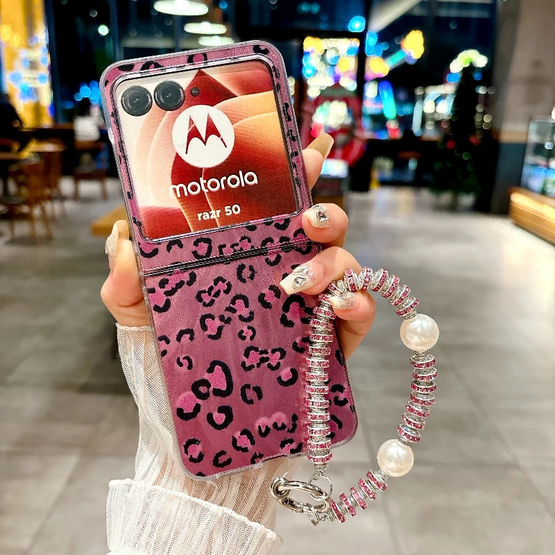 Feathered Leopard Print Phone Case For MOTO Razr 50 Ultra Motorola Razr 50Ultra Luxury Back Cover With Lanyard Anti-Lost Shell