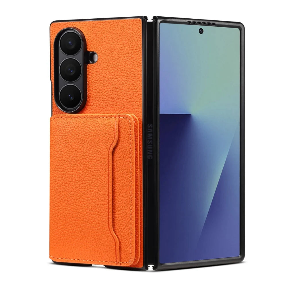 Luxury Litchi Leather Solt Card Holder Folding Wallet Case For Samsung Galaxy Z Fold 7 6 Fold5 Shockproof Soft Silicone Cover