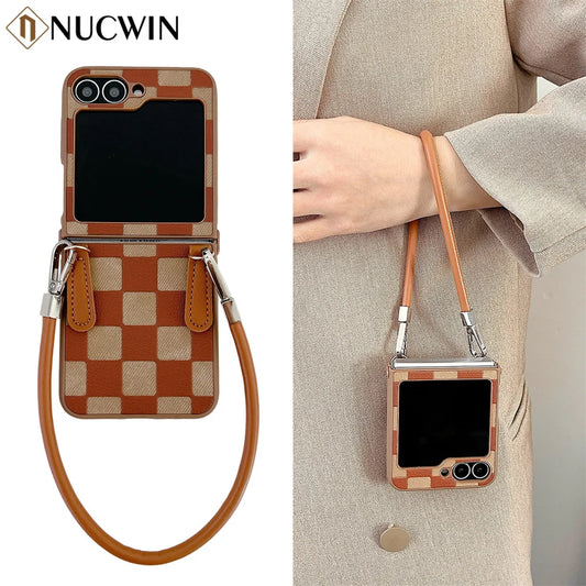 Leather Vintage Square Checkered Carry Cord Phone Case for Samsung Z Flip 6 5g Z Flip6 5 4 3 Flip3 ZFlip4 Flip 5 6 Lanyard Cover