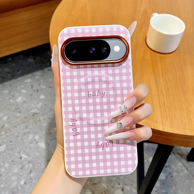 Fashion Aesthetic Gingham Print For Magsafe Case For Google Pixel 11 10 9 Pro XL 10A 9A Metal Lens Frame Shockproof Cover Funda