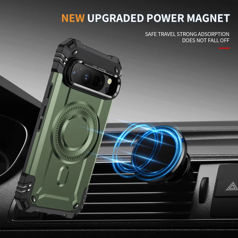 Armor Shockproof Matte Camera Stand Protection Phone Case for Google Pixel 9 Pro XL Military Magnetic Wireless Charge Hard Cover