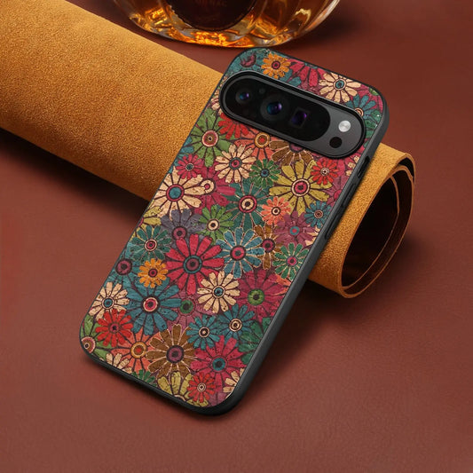 Luxury Phone Case for Google Pixel 10 Pro Xl 9 Pro 9A 8 8A 7 7A 6 6A Flower Design Cork Fabric Synthetic PU Leather Soft Cover