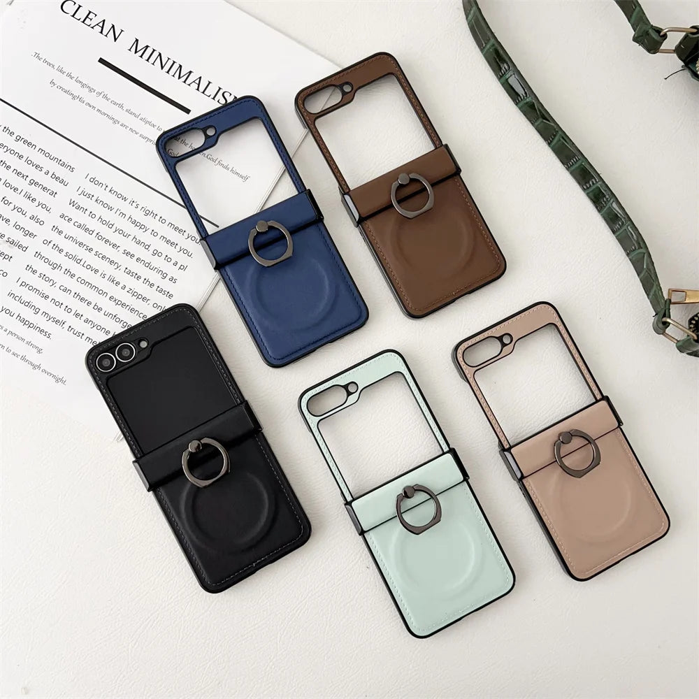 Luxury Leather Ring Holder for Magsafe Case for Samsung Galaxy Z Flip 6 5 4 3 7 flip6 Flip5 Magnetic Bracket Shockproof Cover