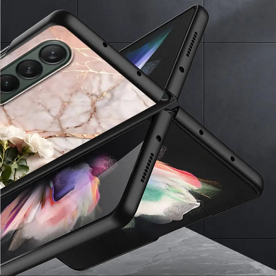 Luxury Flower Marble Phone Cover for Samsung Galaxy ZFold6 Z Fold 4 5G ZFold5 Z Fold4 Fold3 Funda Shockproof Hard PC