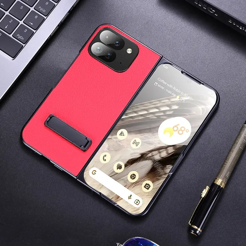 For Google Pixel 9 Pro Folding Case ELVEV Luxury PU Leather + TPU Camera Protection Cover with Metal Kickstand