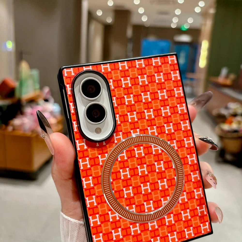 For Magsafe Magnetic Phone Case For Samsung Galaxy Z Fold 8Ultra Double Axis Rainbow Bridge Leather Grain Hinge Shockproof Cover