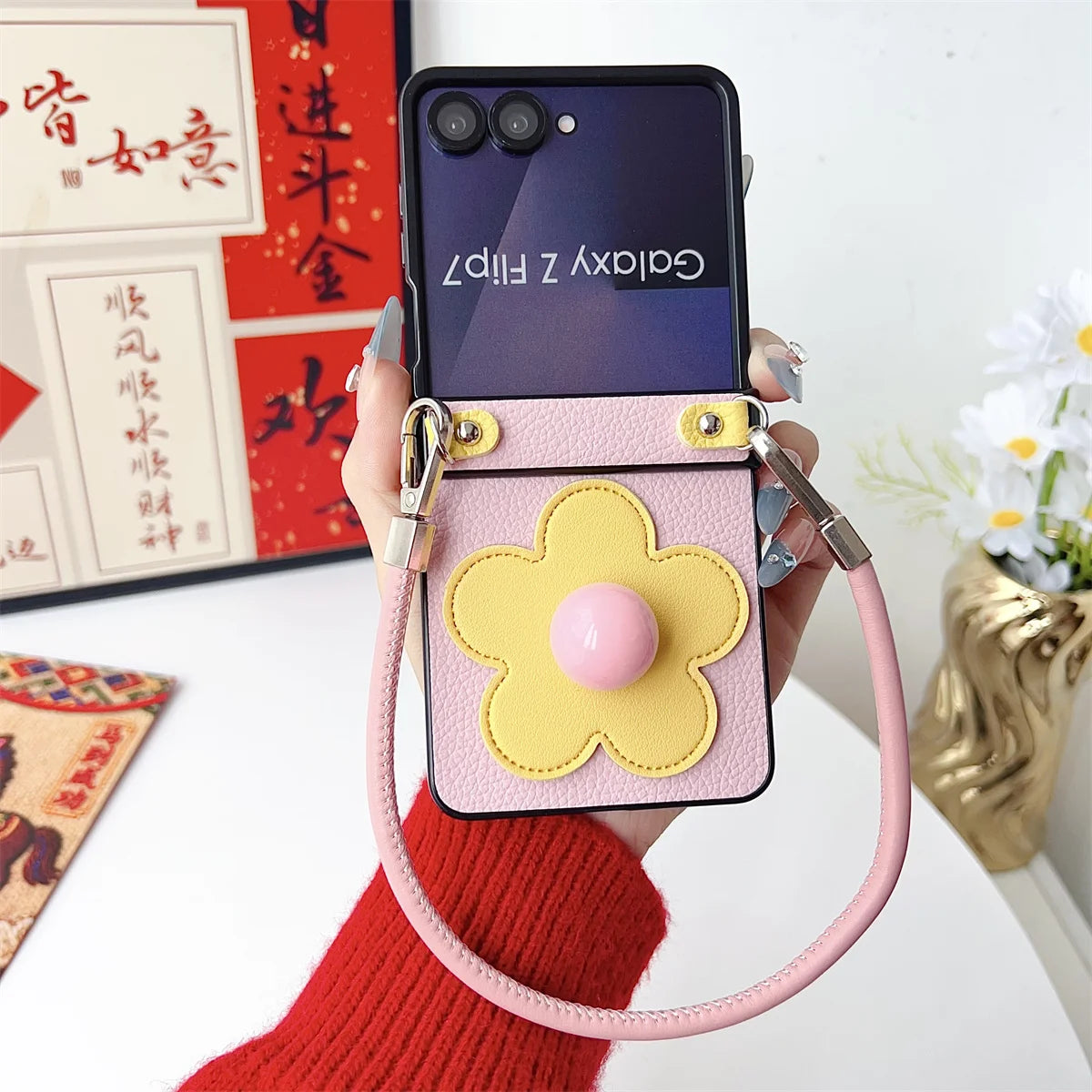 Leather Wristband Z Flip7 3D Flowers Phone Case for Samsung Galaxy Z Flip 7 6 5 4 3 5G Flip7FE Hinge Protective Shockproof Cover
