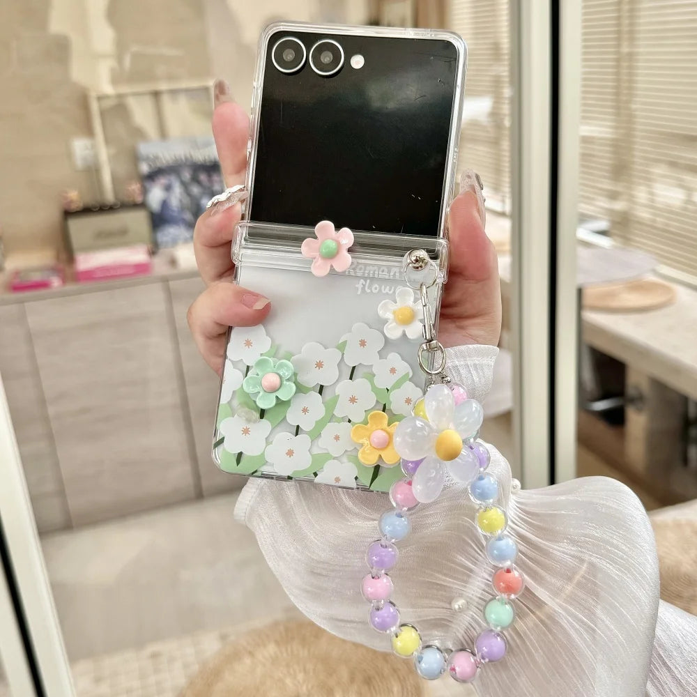 Cute 3D Flower Beads Wrist Chain Case for Samsung Galaxy Z Flip 7 6 5 zflip 3 4 Flip7 Bracelet Hard Acrylic Ins Korean Cover
