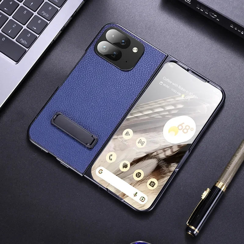 For Google Pixel 9 Pro Folding Case ELVEV Luxury PU Leather + TPU Camera Protection Cover with Metal Kickstand