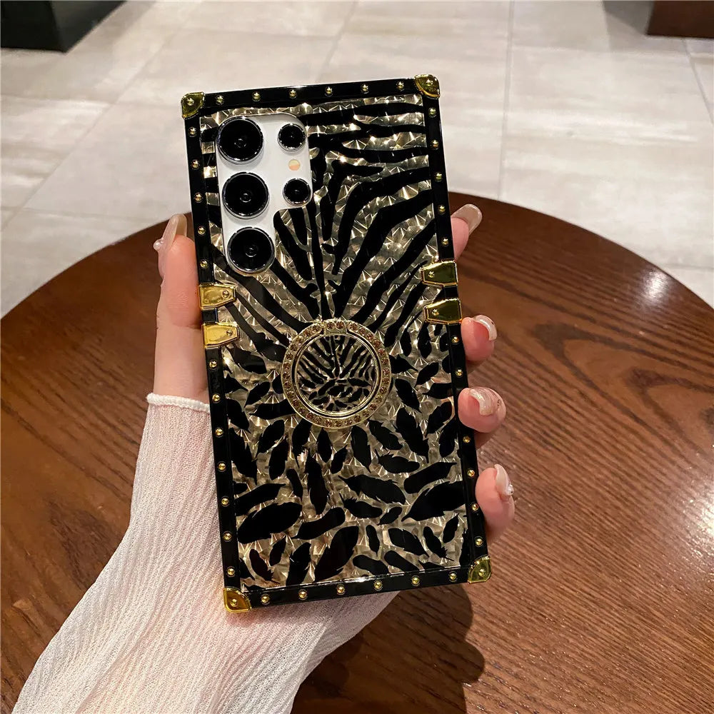 Feather Leopard Print Plating Flower Case For Samsung Galaxy S25 S23 S24 FE S22 S21 S20 A16 A26 A15 A25 A55 A54 Ring Cover