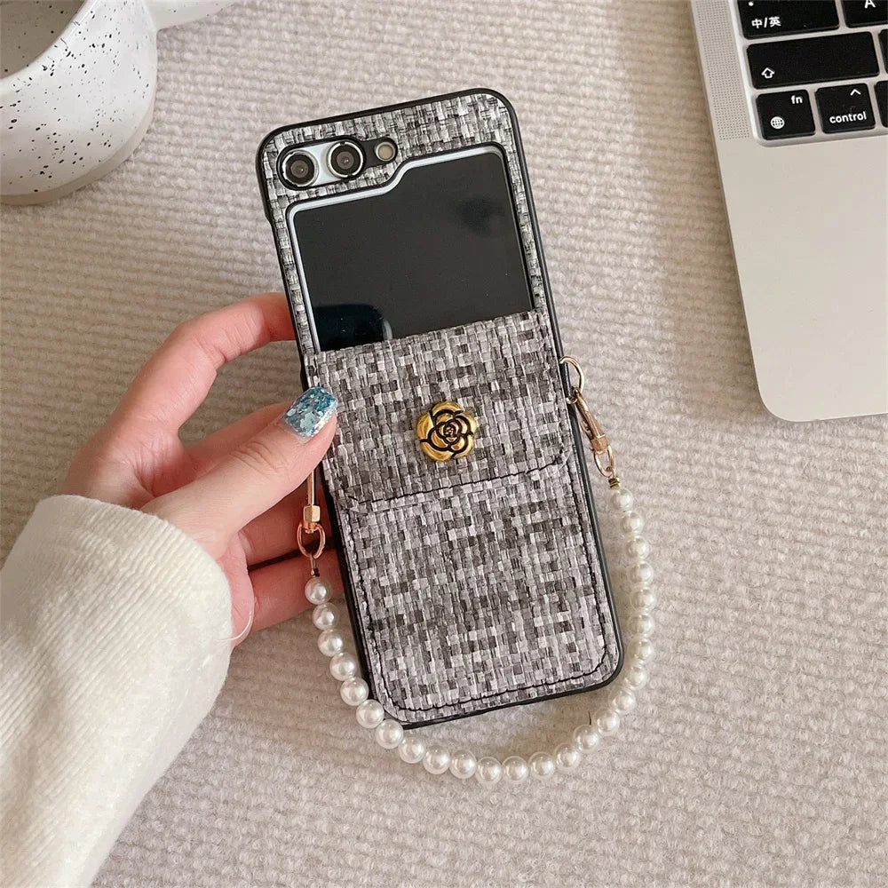 For Samsung Galaxy ZFlip7 Z Flip 7 6 5 4 3 Flip6 Flip5 Flip4 Flip3 5G Case Luxury Texture PU Leather Card Holder Wrist Strap