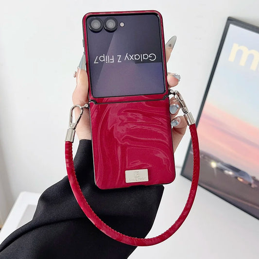 Luxury Water Ripple PU Leather Phone Case For Samsung Galaxy Z Flip 7 6 5 4 3 Flip7 FE Protection Folding Cover with Lanyard