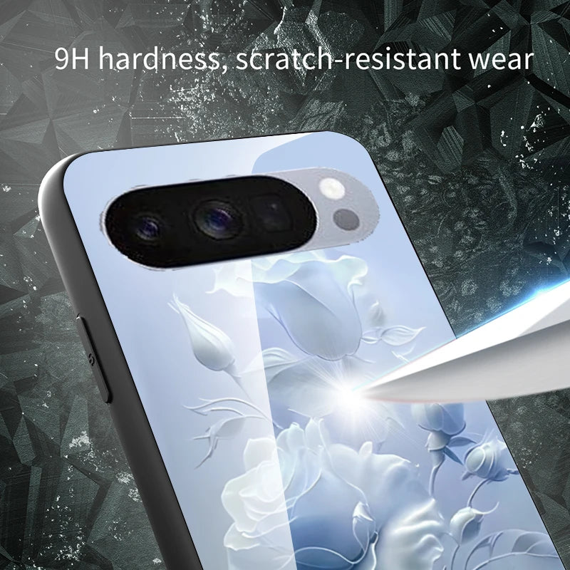 Hard Tempered Glass Case For Google Pixel 10 Pro XL Pixel 9 Protective Cover Flower Pattern Back Shell Fundas