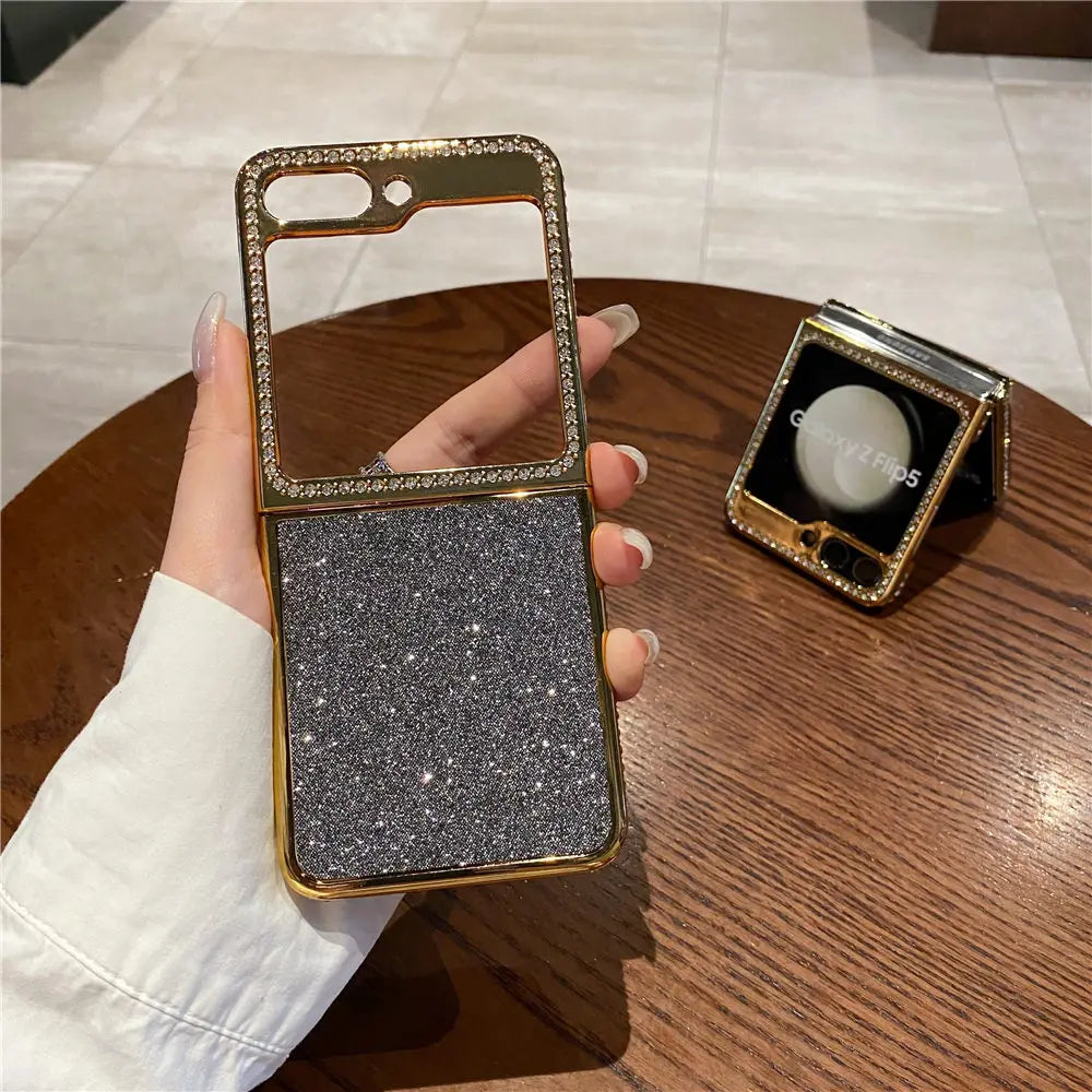 Luxury Bling Diamond Leather Plating Case For Samsung Galaxy Z Flip 6 Flip 5 Flip 3 4 Shockproof Cover Funda