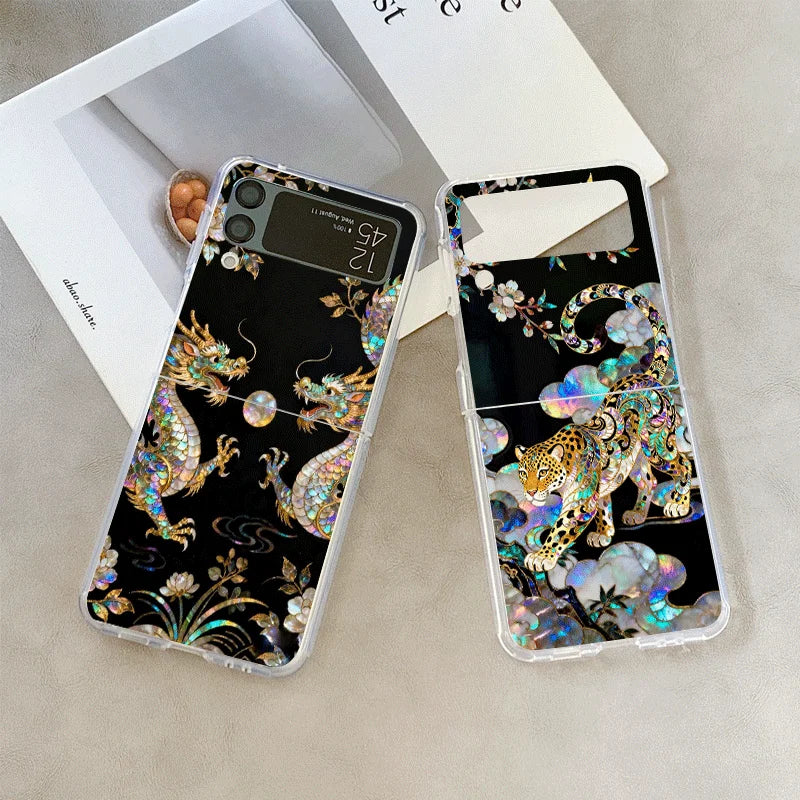 Stylish Dragon Leopard Marble Texture Clear Phone Case for Samsung Galaxy Z Flip 7 Flip 6 5 4 3 Folding Cover for Z Flip7 Flip5