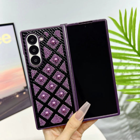 New Luxury Solid Color Pearl Shockproof Folding Phone Case For Samsung Galaxy Fold 6 5 4 3 Bumper Back Cover