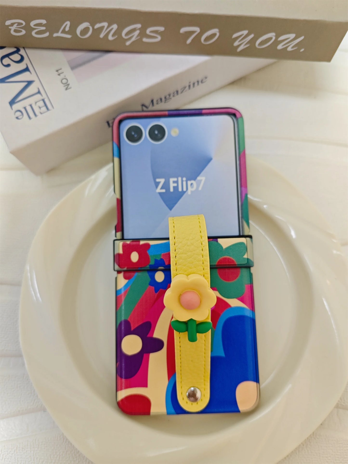 Korean Cute Floral Wrist Strap Rainbow Flower Oil Painting Case for Samsung Galaxy Z Flip7 Z Flip6 Z Flip5 Z Flip4 3 Back Cover