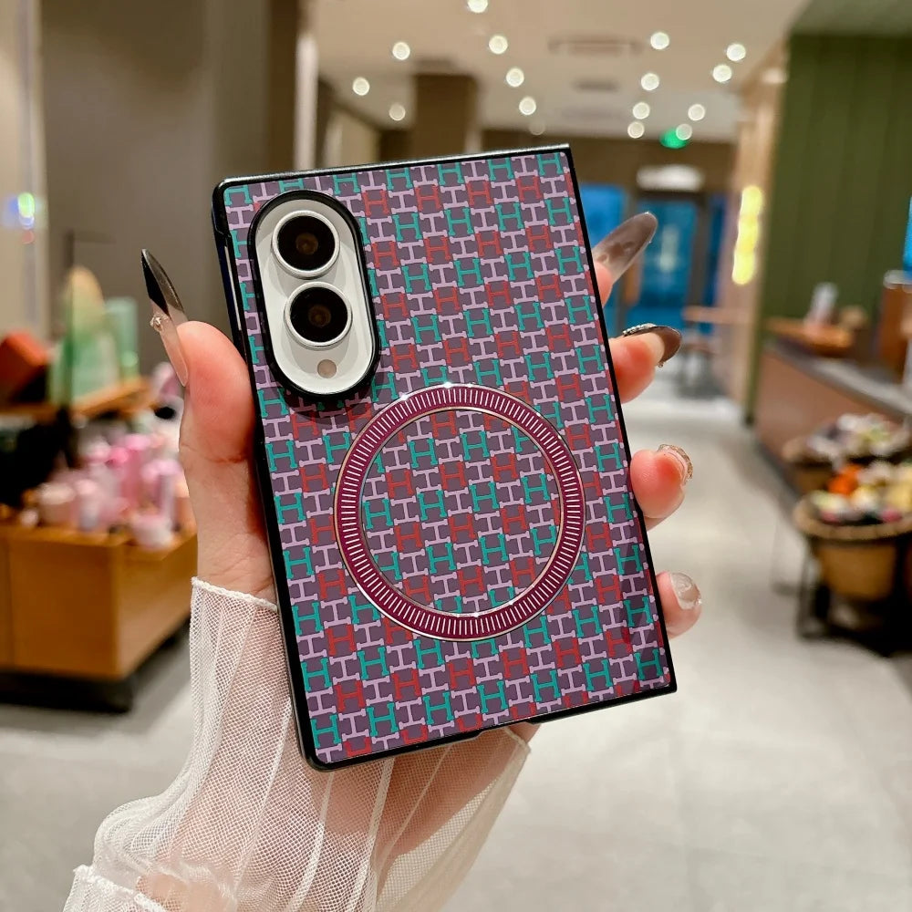 For Magsafe Magnetic Phone Case For Samsung Galaxy Z Fold 8Ultra Double Axis Rainbow Bridge Leather Grain Hinge Shockproof Cover