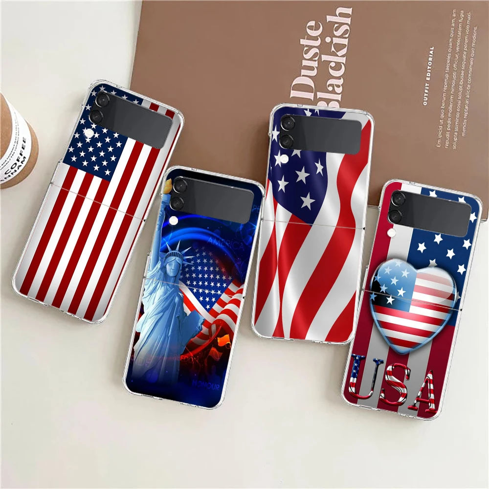 Phone Cover For Samsung Galaxy Z Flip 7 6 5 4 Case Transparent For Samsung Z Flip 3 Hard PC Shell American United States Flag