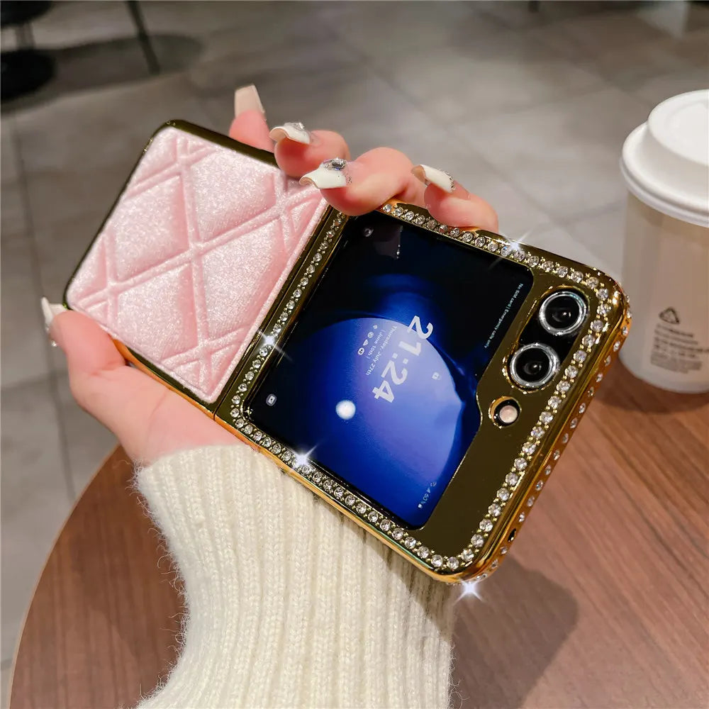 Luxury Bling Diamond Leather Plating Case For Samsung Galaxy Z Flip 6 Flip 5 Flip 3 4 Shockproof Cover Funda