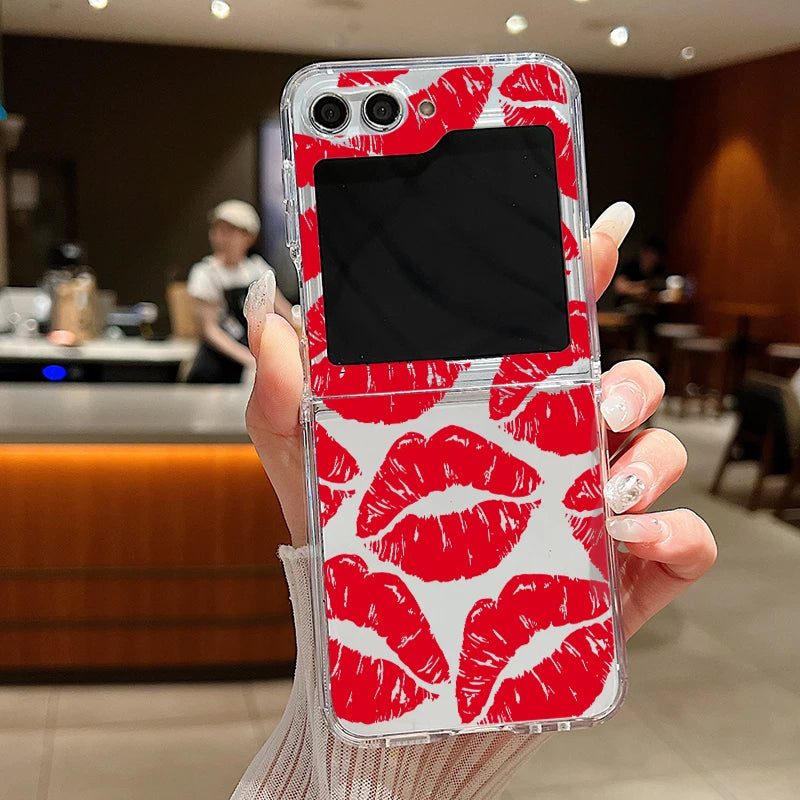 Luxury Kiss Lips Phone Case For Samsung Galaxy Z Flip 6 5 4 3 Metal Buckle Clear TPU Folding Cover For Samsung Z Flip6 Flip5