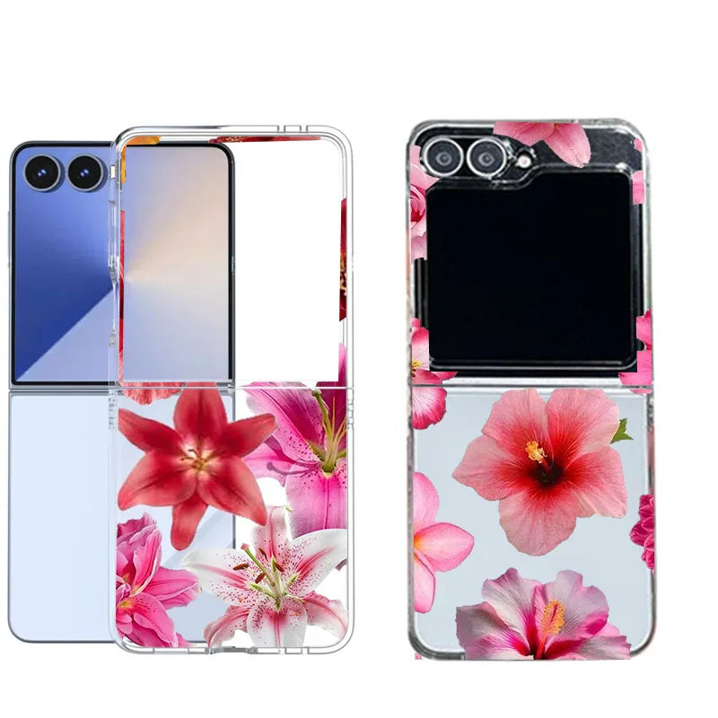 INS Pink Lily Flower Pattern Phone Case For Samsung Galaxy Z Flip 7 6 5 3 4 Hibiscue Clear Hard PC Folding Cover For Z Flip 5