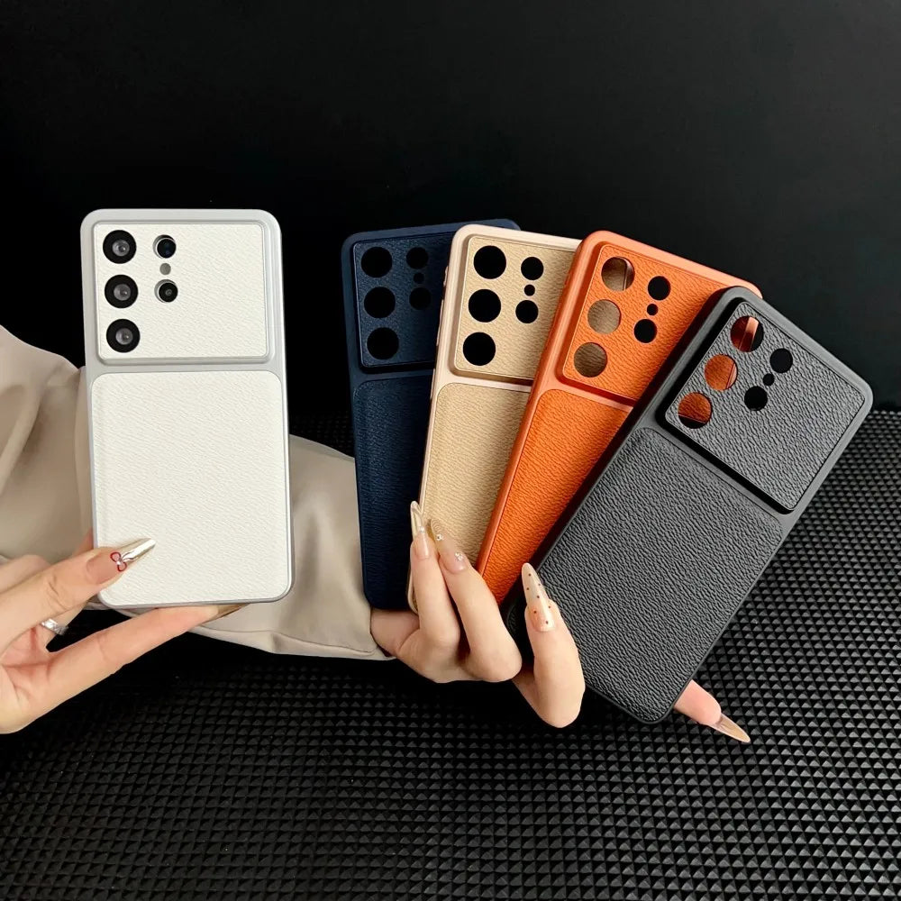 Light luxury Leather Thin Phone Case For Samsung Galaxy S26 Ultra S25 Plus S24 FE Large Window Camera Protection Matte Cover