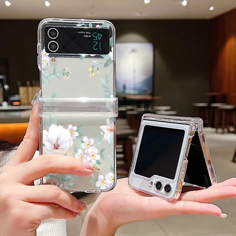 Flowers Pattern Clear Case For Samsung Galaxy Z Flip 7 FE 6 5 4 5G Folding Soft TPU Phone Cover For Samsung Z Flip5 Flip6 Flip7