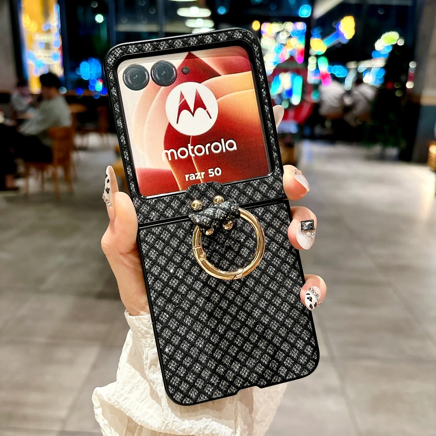 Luxury Glitter Metal Ring Leather Plastic Folding Case For Motorola Razr50 Razr 50 Cover