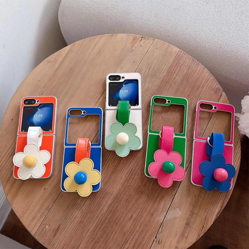 3D Flowers Leather Wrist Strap Phone Case For Samsung Galaxy Z Flip 7 6 5 4 3 Flip6 Z Flip7 Plating Silver Frame Ice Silk Cover