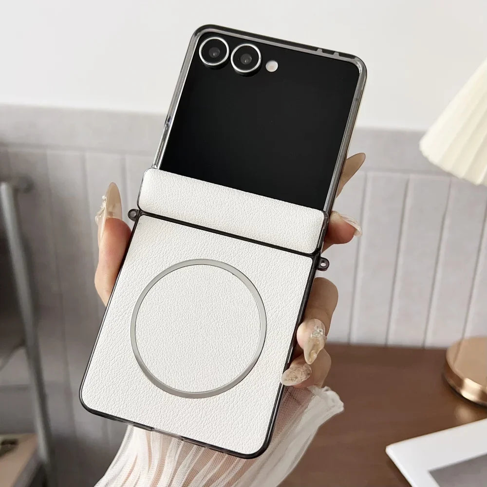 Luxury Plating for Magsafe Case for Samsung Galaxy Z Flip 7 Flip7 ZFlip7 PU Leather Magnetic 360 Hinge Protection Phone Cover