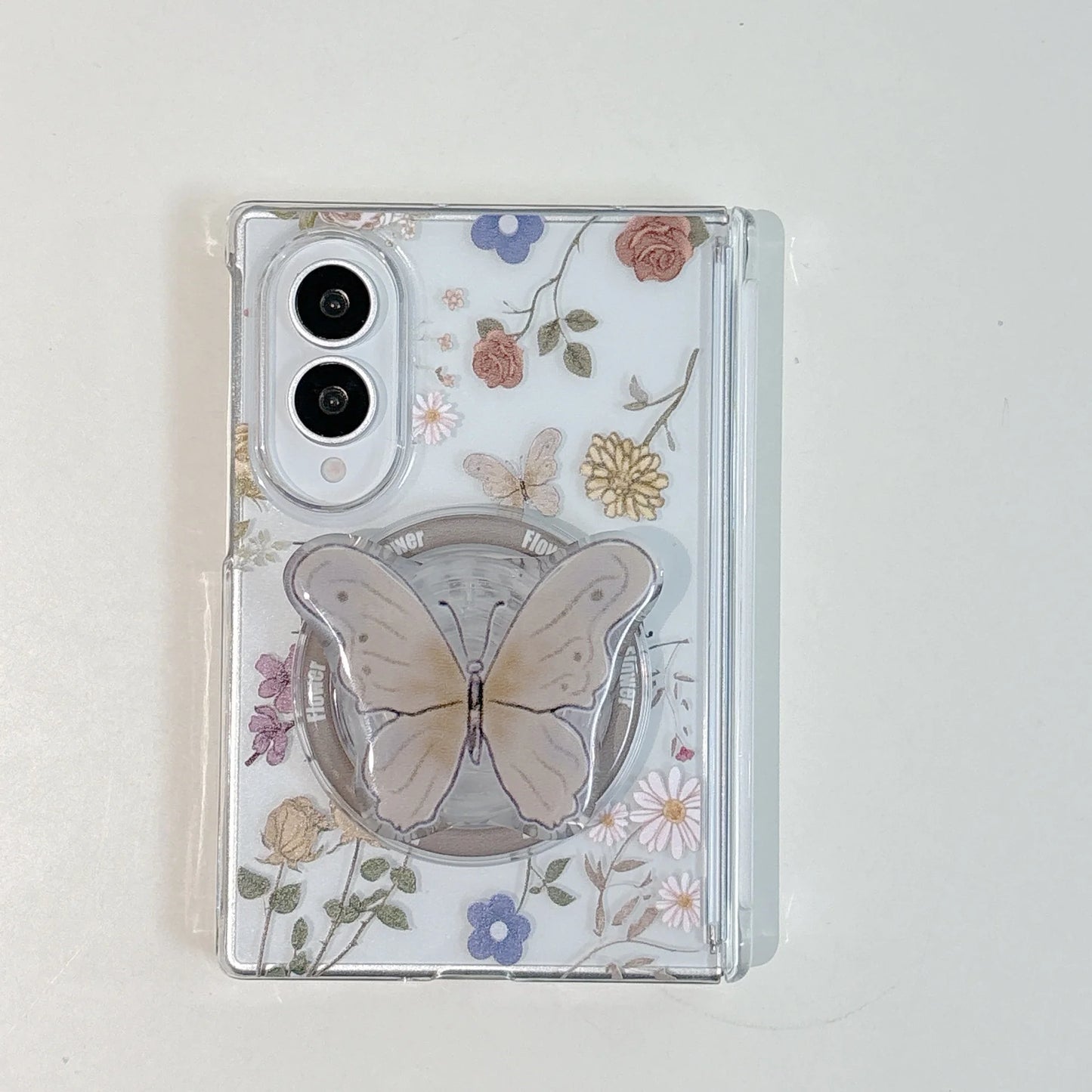 Retro Dual Magnetic Flower Pattern Transparent Case with Butterfly Bracket for Samsung Galaxy Z Fold 8 Wide Z Fold 8 Back Cover