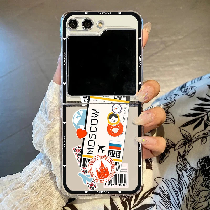 Hot Ticket Travel Label New York Tokyo Phone Case For Samsung Galaxy Z Flip 7 6 5 3 4 Clear Hard PC Folding Cover For Z Flip 6