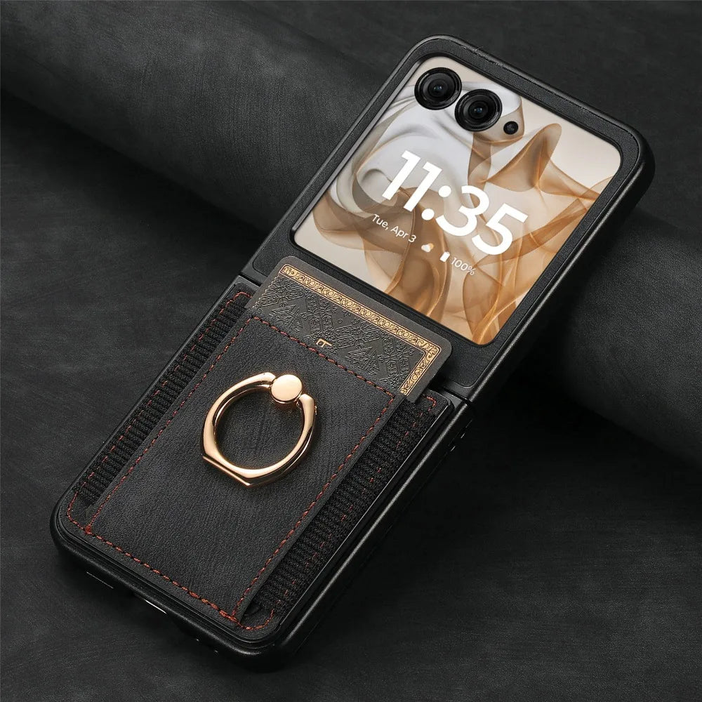 For Motorola Razr 50 Ultra Mooto Razr40 Retro Plain PU Leather Card Slot Holder Wallet Phone Case Ring Bracket Shockproof Cover