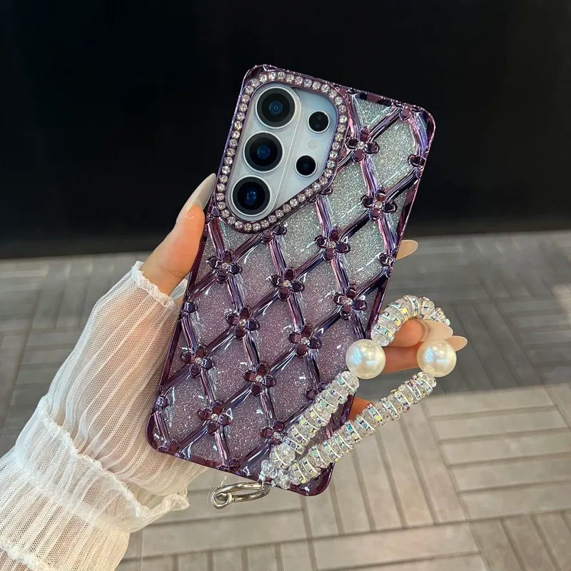 Glitter Diamond Rhombus Bracelet Chain Phone Case For Samsung Galaxy S26 Ultra S23 S24 S25 Plus Ultra A16 Cover With Lanyard