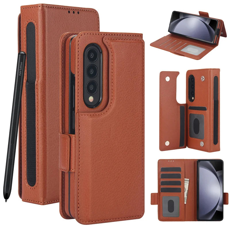 For Samsung Galaxy Z Fold 7 6 Leather Foldable Card Insert Pen Slot Phone Case For Z Fold5 Z Fold 3 4 Flip MultiFunctional Stand