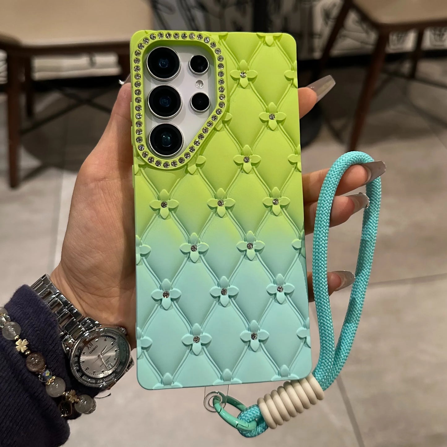 Luxury Glitter Diamond 6D Flowers S25 Edge Gradient Case For Samsung Galxy S25 S24 S23 Ultra Plus FE A26 A16 Wrist Strap Cover