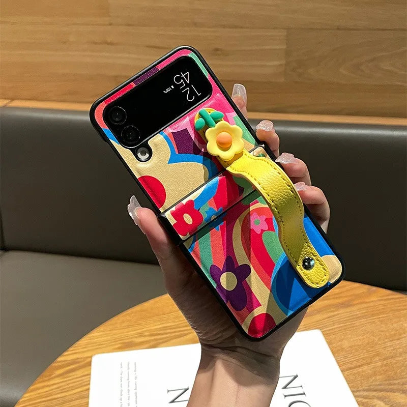 Korean Cute Floral Wrist Strap Rainbow Flower Oil Painting Case for Samsung Galaxy Z Flip7 Z Flip6 Z Flip5 Z Flip4 3 Back Cover