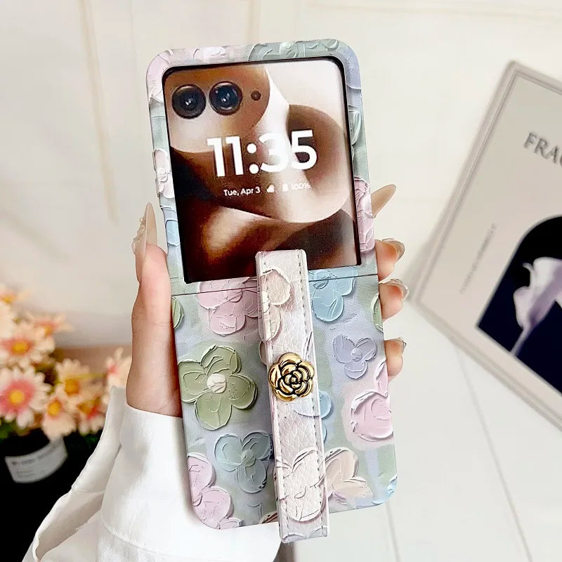Embossed Watercolor Flower Phone Case For Motorola Razr 60 50 Ultra MOTO RAZR 60Ultra Aesthetic Camellia Wristband Back Cover