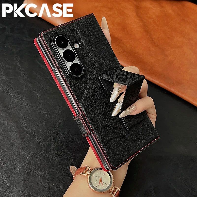 PKCASE Leather Magnetic Clasp Card Slot Wallet Phone Case For Samsung Galaxy Z Fold 7 6 5 4 3 Shockpoof Wristband Bracket Cover