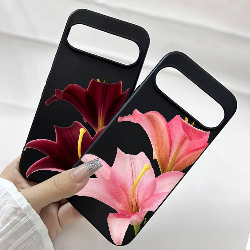 Pink Lily Flower Pattern Phone Case For Google Pixel 10 Pro XL 9 8A 9 8 Pro 7 6A 5G INS Cute Floral Clear Soft TPU Cover Fundas
