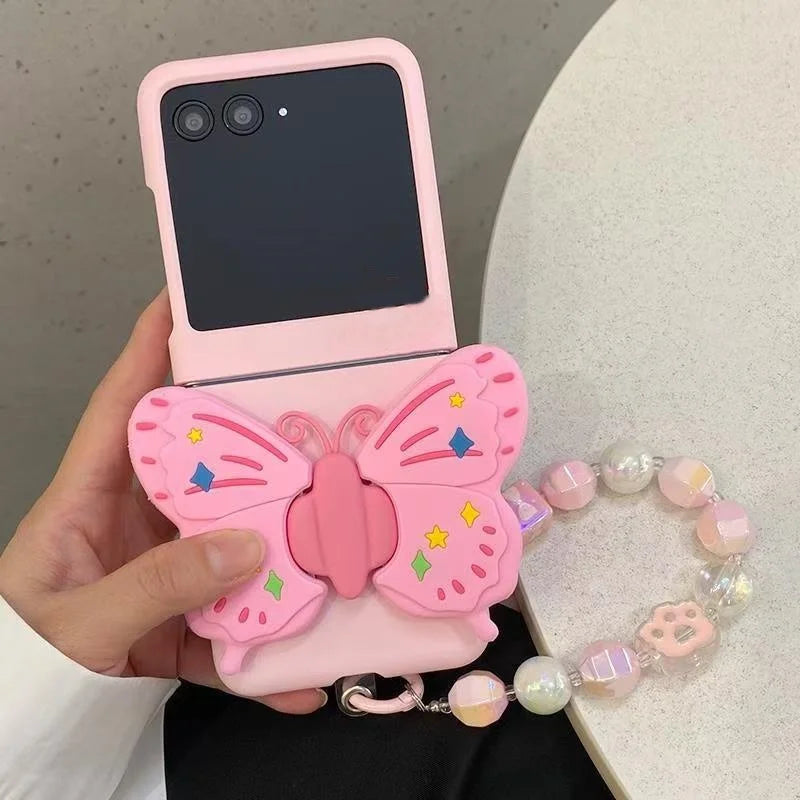 Luxury Cute Silicone Butterfly Bracket Case For Moto RAZR 50 40 60 Ultra Razr Plus 2025 2024 2023 with Portable Bracelet Cover
