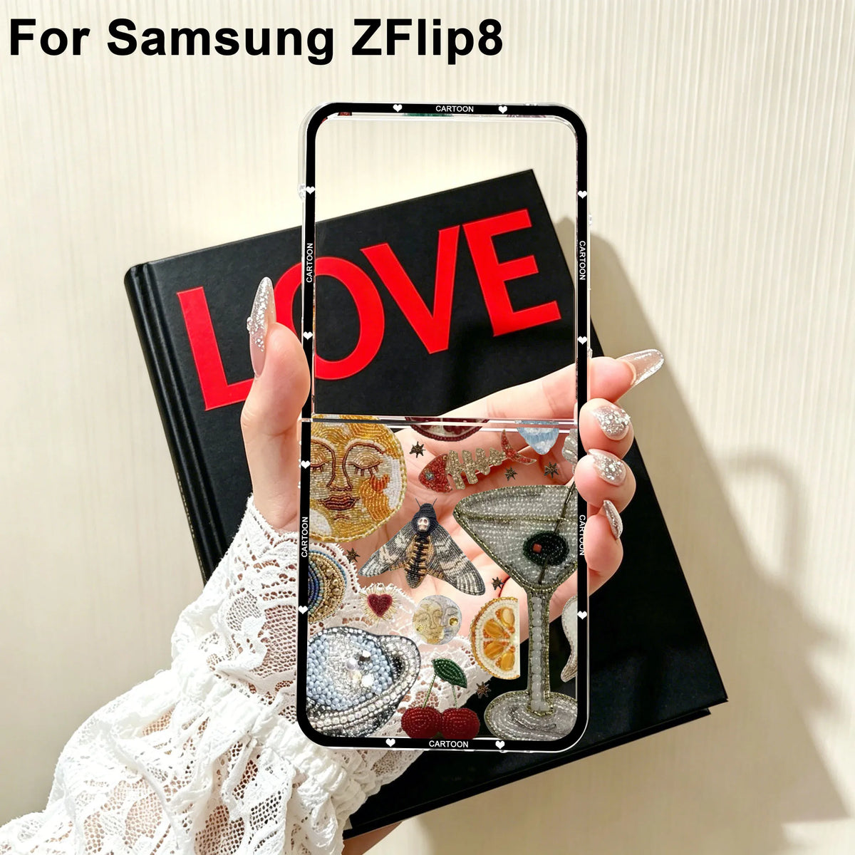 For Samsung Z Flip 8 Beaded Pomegranate Sun Phone Case for Samsung Galaxy Z Flip 8 ZFlip8 Flip8 Clear Hard PC Folding Cover