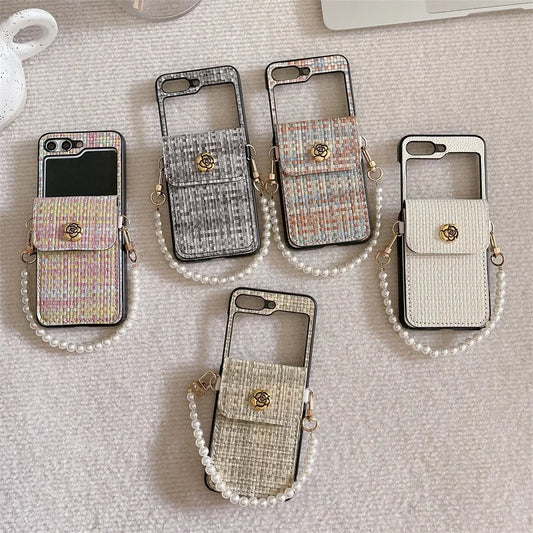For Samsung Galaxy ZFlip7 Z Flip 7 6 5 4 3 Flip6 Flip5 Flip4 Flip3 5G Case Luxury Texture PU Leather Card Holder Wrist Strap