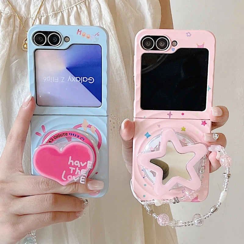Korean Cute Star Wave Case For Samsung Galaxy Z Flip 5 6 5G Flip6 Flip5 2-piece set With Bracelet Love Heart Holder  Back Cover