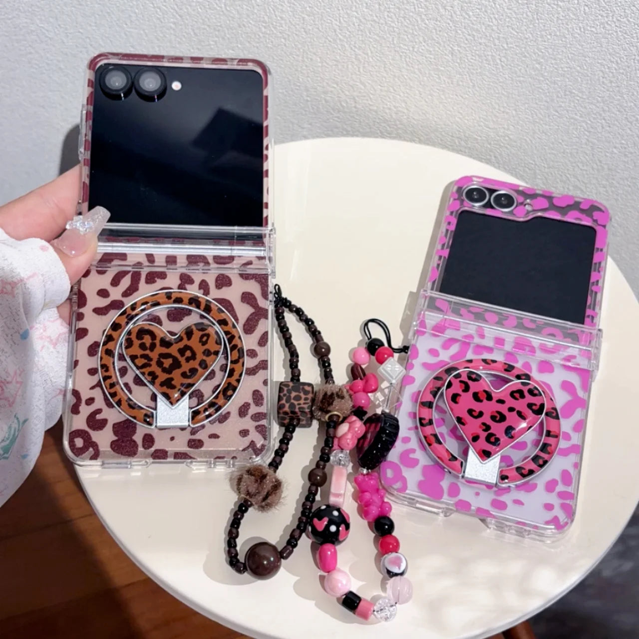Transparent Leopard Pattern Stand Holder With Bracelet Phone Case For Samsung Z Flip 5 6 7 8 FE Shockproof Protective Cover